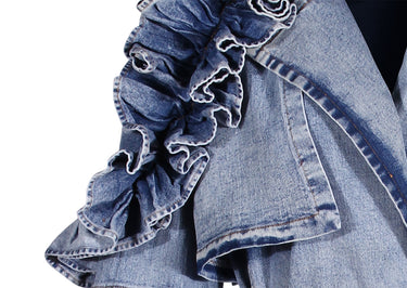 Blue Denim Ruffle Shoulder Long Trench Coat